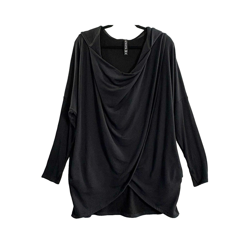 ATHLETA Women Purana Pullover Hooded Asymmetric‎ Hem Sweatshirt Sz XL Black 4-21